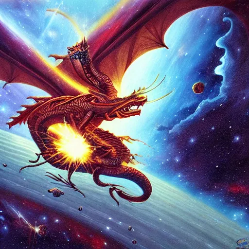 Prompt: an alien dragon flying in outer space, epic nebula, Dan Seagrave art