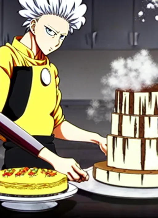 Image similar to chef saitama one punch man, dressed as a pastry chef, focused at making a cake, beautiful anime artwork