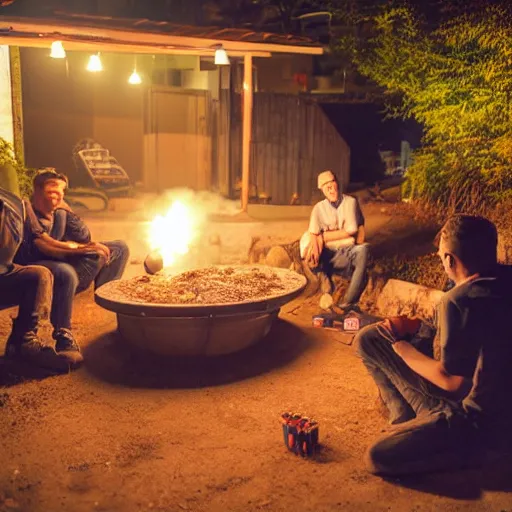 Prompt: It's a deep night, in the yard, in the distance two guys are grilling kebabs and chatting about the meaning of life, in the foreground on the left by the garage wall is a long table and two long benches with six girls and four guys sitting on them, one guy has an acoustic guitar and another guy is vaping, and to the right in the foreground is a vegetable garden, and one guy stepped in the bed by accident, and the other two guys are pulling him out of it, luminescent rain, magic mist