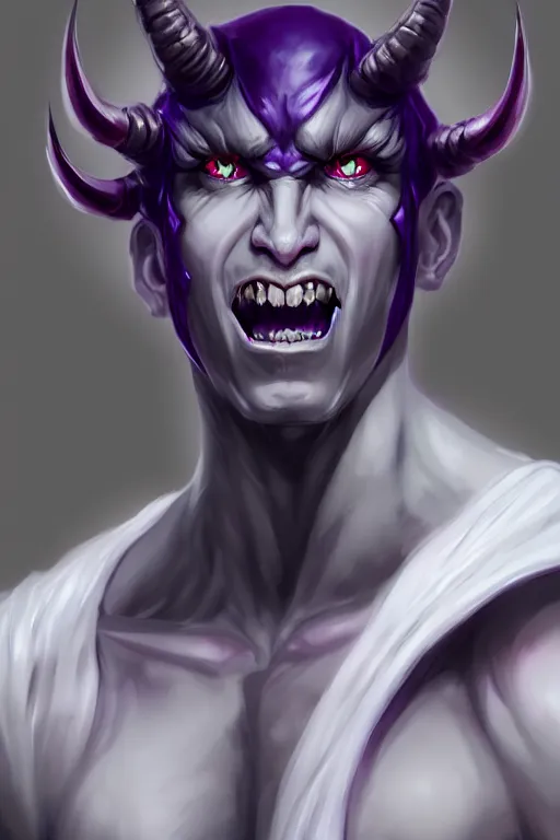 Image similar to human male demon, full body white purple, focus, closup, portrait, hero, character concept art, costume design, black eyes, white horns, trending on artstation, Artgerm , WLOP