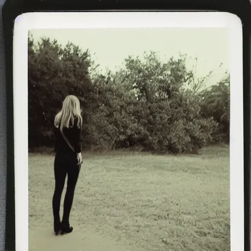 Image similar to a Polaroid photo selfie of an attractive young woman standing alone