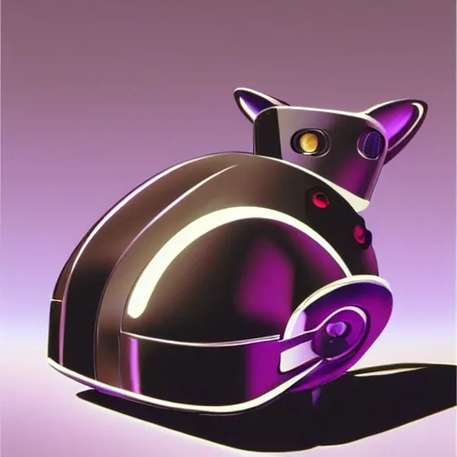 Image similar to curled up robot dog. in the style of syd mead. concept art. sci fi art. chrome. futuristic art.