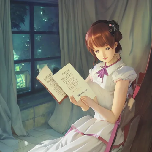 Image similar to a young woman in maid uniform reading a book by Stanley Artgerm Lau, WLOP, Rossdraws, Guweiz, Marc Simonetti, Studio Ghibli, krenz cushart, pixiv, background by James Jean and gustav klimt and John Marshall Gamble, 4k, volumetric lighting, french nouveau, trending on artstation, octane render, hyperrealistic