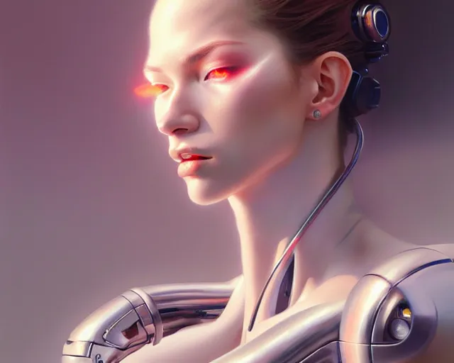 Prompt: a ultradetailed beautiful portrait painting of a stylish female cyborg, chrome plated, oil painting, by hajime sorayama, greg rutkowski and makoto shinkai, trending on artstation