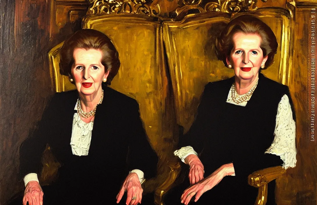 Image similar to portrait of margaret thatcher!!!!!!!!!!!!!!!!!!!!!!!!!!!, detailed face, detailed painting, detailed no. 1 0 downing street, epic lighting, by ilya repin and phil hale