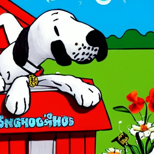 Image similar to snoop dog lying on top of snoopy's dog house, high detail