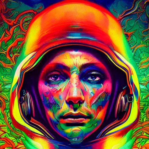 Image similar to An extremely psychedelic experience, colorful, surreal, dramatic lighting, cosmonaut, LSD, face, detailed, intricate, elegant, highly detailed, digital painting, artstation, concept art, smooth, sharp focus, illustration, art by Sam Spratt, Dan Mumford, Artem Demura and Alphonse Mucha