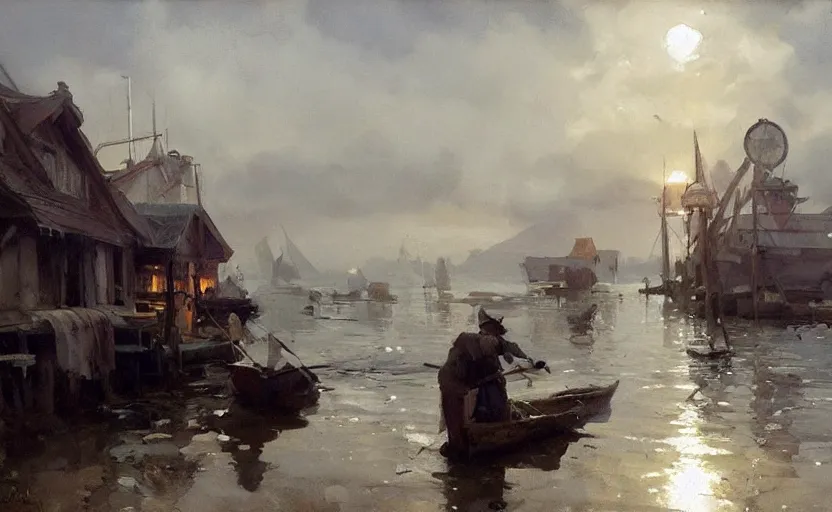 Image similar to scientific oil painting of fishing village by anders zorn, wonderful art by greg rutkowski, incredible lighting, shadows, beautiful cinematic light