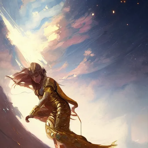 Image similar to portrait of a beautiful wielding golden swordsman falling into the stars by greg rutkowski, 4k, intricate details