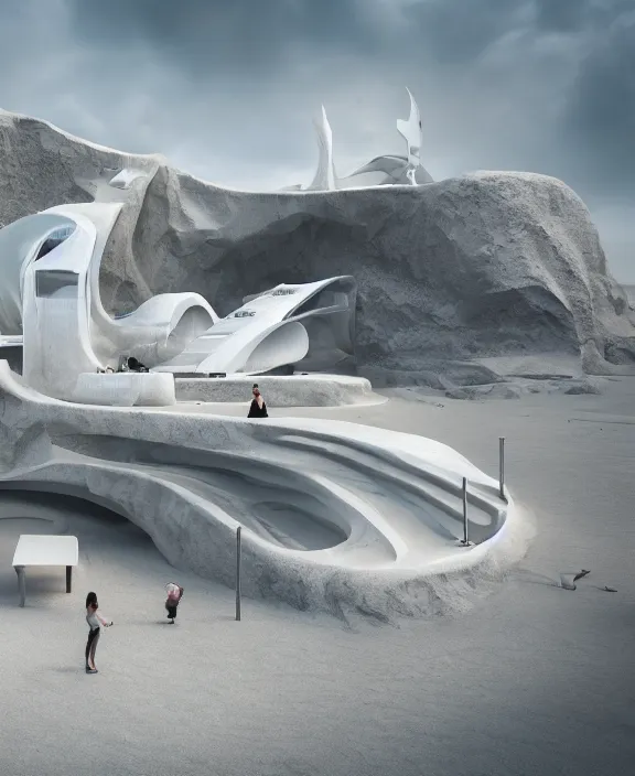 Image similar to surreal mindblown architecture, futuristic white architecture in the beach in iceland, foggy, highly detailed, digital painting, arstation, concept art, hyperealistic octane render, unreal engine,