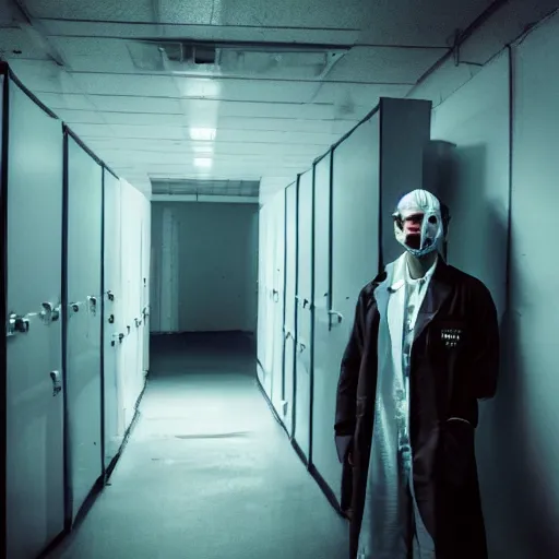 Prompt: a male scientist wearing a lab coat lost suit inside the very dark empty unsettling creepy backrooms, liminal space, flickering fluorescent lights, eerie mood