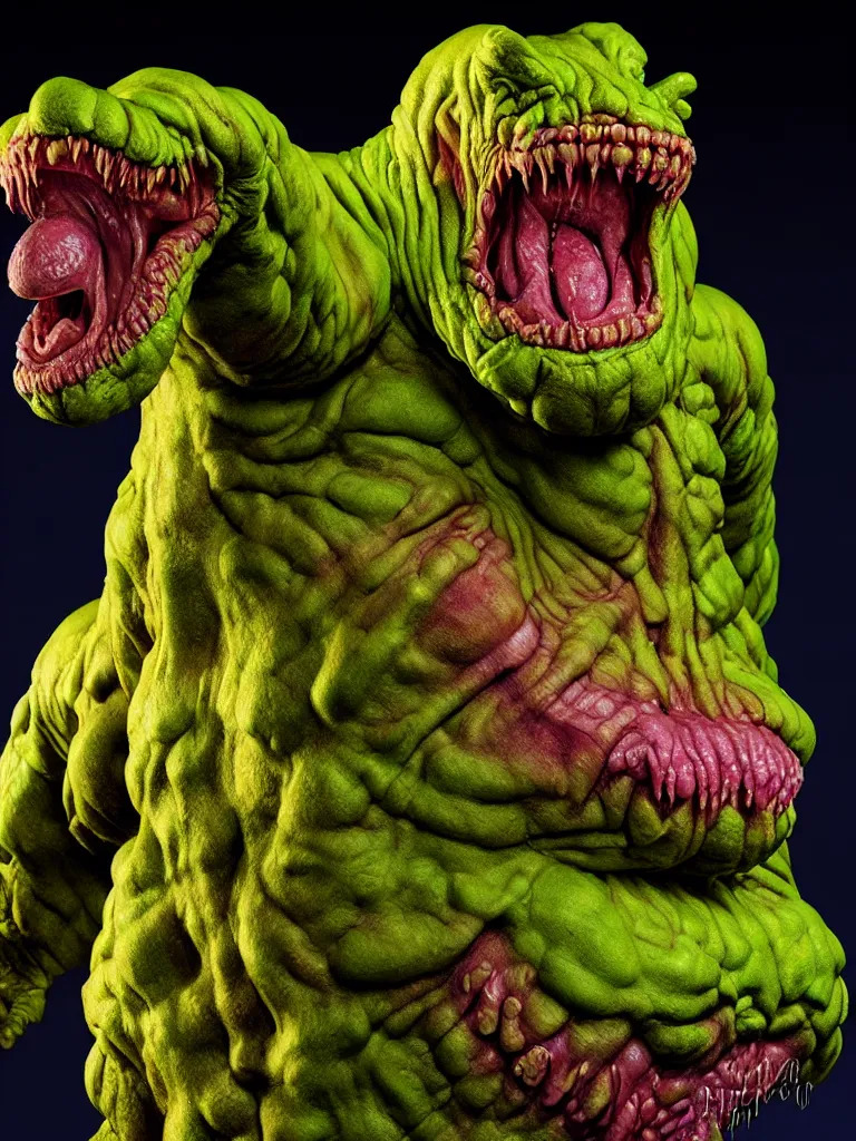 Image similar to hyperrealistic rendering, fat cronenberg flesh monster smooth kaiju by art of skinner and richard corben and jeff easley, product photography, action figure, sofubi, studio lighting, colored gels, rimlight, backlight