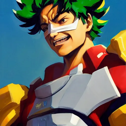 Image similar to greg manchess portrait painting of izuku midoriya as overwatch character, medium shot, asymmetrical, profile picture, organic painting, sunny day, matte painting, bold shapes, hard edges, street art, trending on artstation, by huang guangjian and gil elvgren and sachin teng