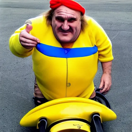 Prompt: Gérard Depardieu as Wario, yellow overall, yellow cap, the letter W, in a kart