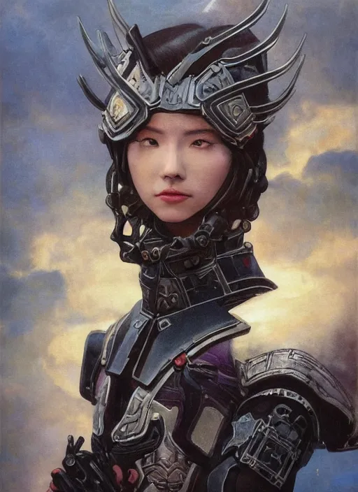 Image similar to symmetry! closeup portrait of a beautiful biblical diabolical samurai girl holding a gun, bio cyborg armor, in clouds, cinematic studio light, windy, sunrise, by gerald brom, by mikhail vrubel, by peter elson, muted colors, extreme detail, trending on artstation, 8 k