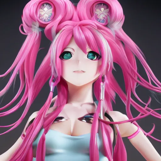 Prompt: stunningly beautiful omnipotent megalomaniacal anime goddess who looks like junko enoshima with symmetrical perfect face and porcelain skin, pink twintail hair and mesmerizing cyan eyes, looking down upon the viewer and taking control while smiling in a mischievous way, mid view from below her feet, hyperdetailed, unreal engine 5, octane render, 8 k