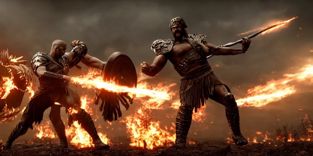 Image similar to epic battle screen of hero, film still from the movie'3 0 0'( 2 0 0 6 ), 3 d, 8 k realistic, cryengine, playstion 5 screen, cinematic lighting