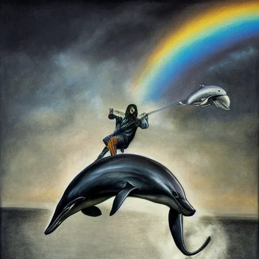 Image similar to a hyper realistic painting of the grim reaper riding a dolphin over a rainbow, by santiago caruso, highly detailed, vivid color,