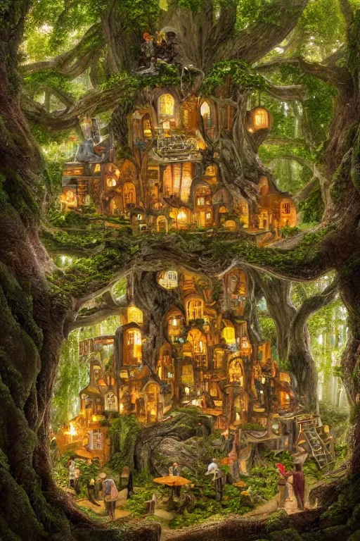 Image similar to a miniature city built into the trunk of a single colossal tree in the forest, with tiny people, in the style of james c christensen, lit windows, close - up, low angle, wide angle, awe - inspiring, highly detailed digital art