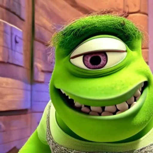 Prompt: ambivalent mike wazowski shrek fusion