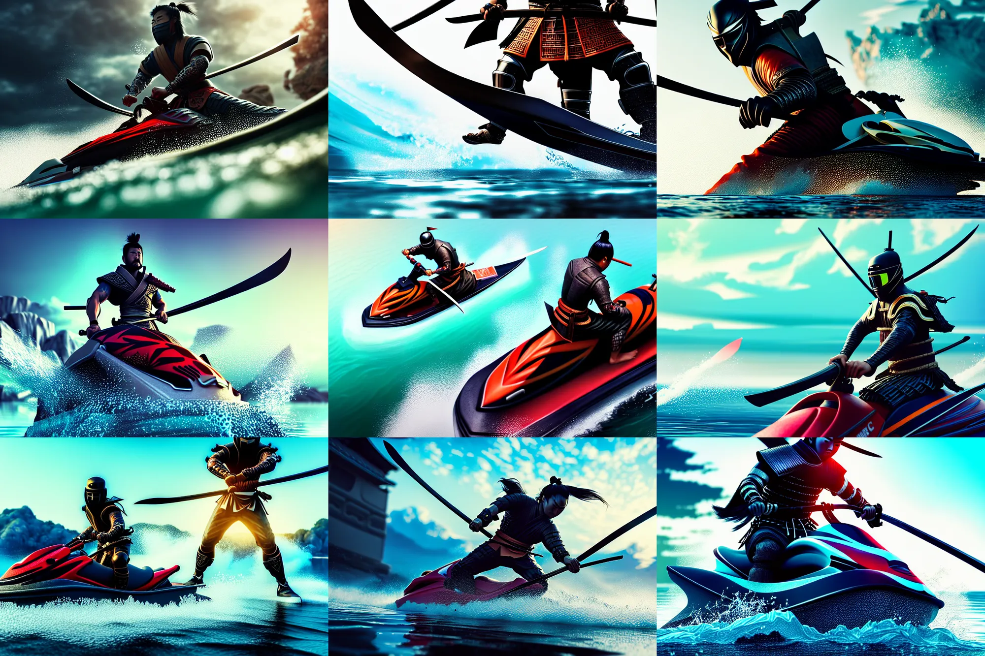 Prompt: close up drawing of a [ samurai on jetski with a katana ], intricate, epic lighting, cinematic composition, hyper realistic, 8 k resolution, unreal engine 5, by artgerm, tooth wu, dan mumford, beeple, wlop, rossdraws, james jean, andrei riabovitchev, artstation