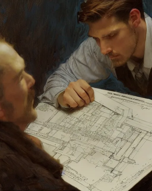 Image similar to very attractive male architect looks over blueprints of his latest work, melancholy, nostalgia, painting by gaston bussiere, craig mullins, j. c. leyendecker