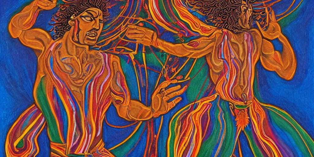 Image similar to an abstract spiritual background, a latino greek god dancing in ecstasy, clear eyes. 2 4 mm, photorealistic, muted color scheme, directed by mati klarwein