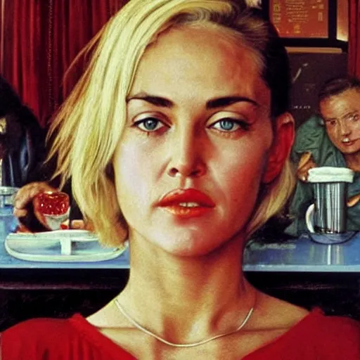 Prompt: young Sharon Stone at a diner, head and shoulders portrait, extremely detailed masterpiece, Roger Deakin’s cinematography, oil on canvas, Norman Rockwell.