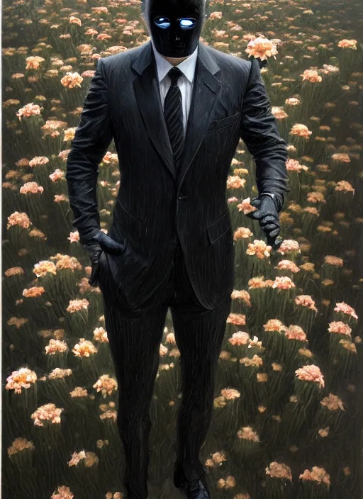 Image similar to an man in a black suit with a flowery shrub instead of a head, intricate, highly detailed, concept art, hyperrealistic, oil painting by greg staples, 8 k