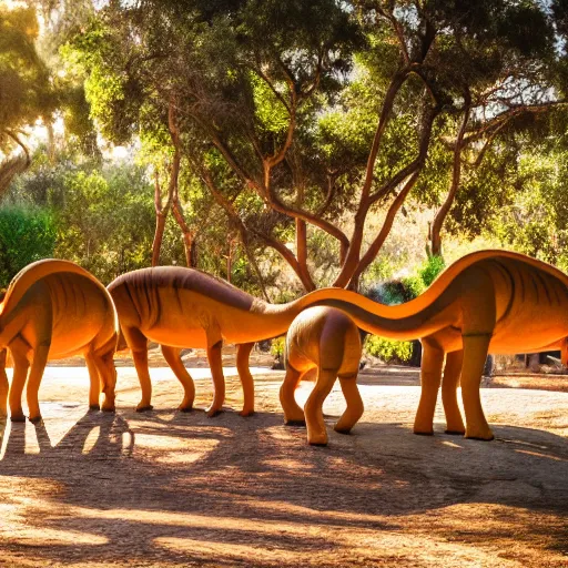 Image similar to photograph of a real brontosaurus exhibit at san diego zoo, tourists in background, bokeh, high definition, slr, golden hour, 4 k