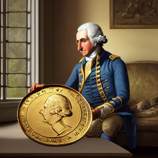 Image similar to a closeup photorealistic photograph of a happy George Washington inspecting small gold Doubloon coins at his home on Cherry Street. This 4K HD image is Trending on Artstation, featured on Behance, well-rendered, extra crisp, features intricate detail and the style of Unreal Engine.