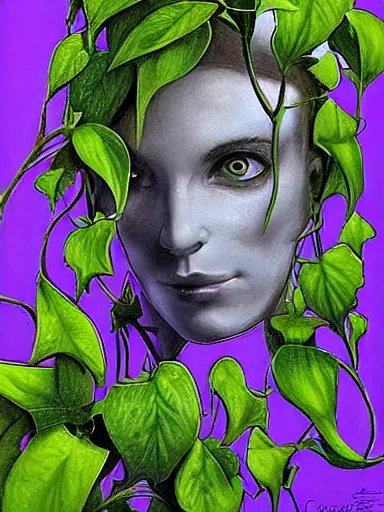 Prompt: The Hanging-Gardens of Pareidolia, lobelia, ivy, verbena and pothos growing facial features and optical-illusions, aesthetic!!!!!!!!!!!!!!!!, by Chris Tulloch McCabe in the style of Gerald Brom,