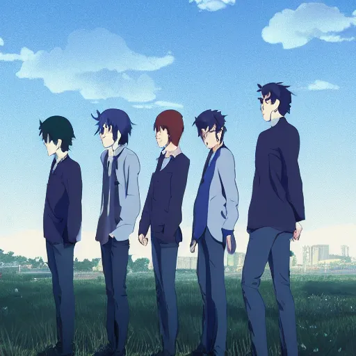 Prompt: four shy male friends with their faces hidden by hair standing next to each other and to reverend bayes, they all wear thick glasses and want to learn statistics from the minister thomas bayes who is showing them the way, twilight, dusk, poster art by makoto shinkai, featured on pixiv, environmental art, official art, anime, movie poster