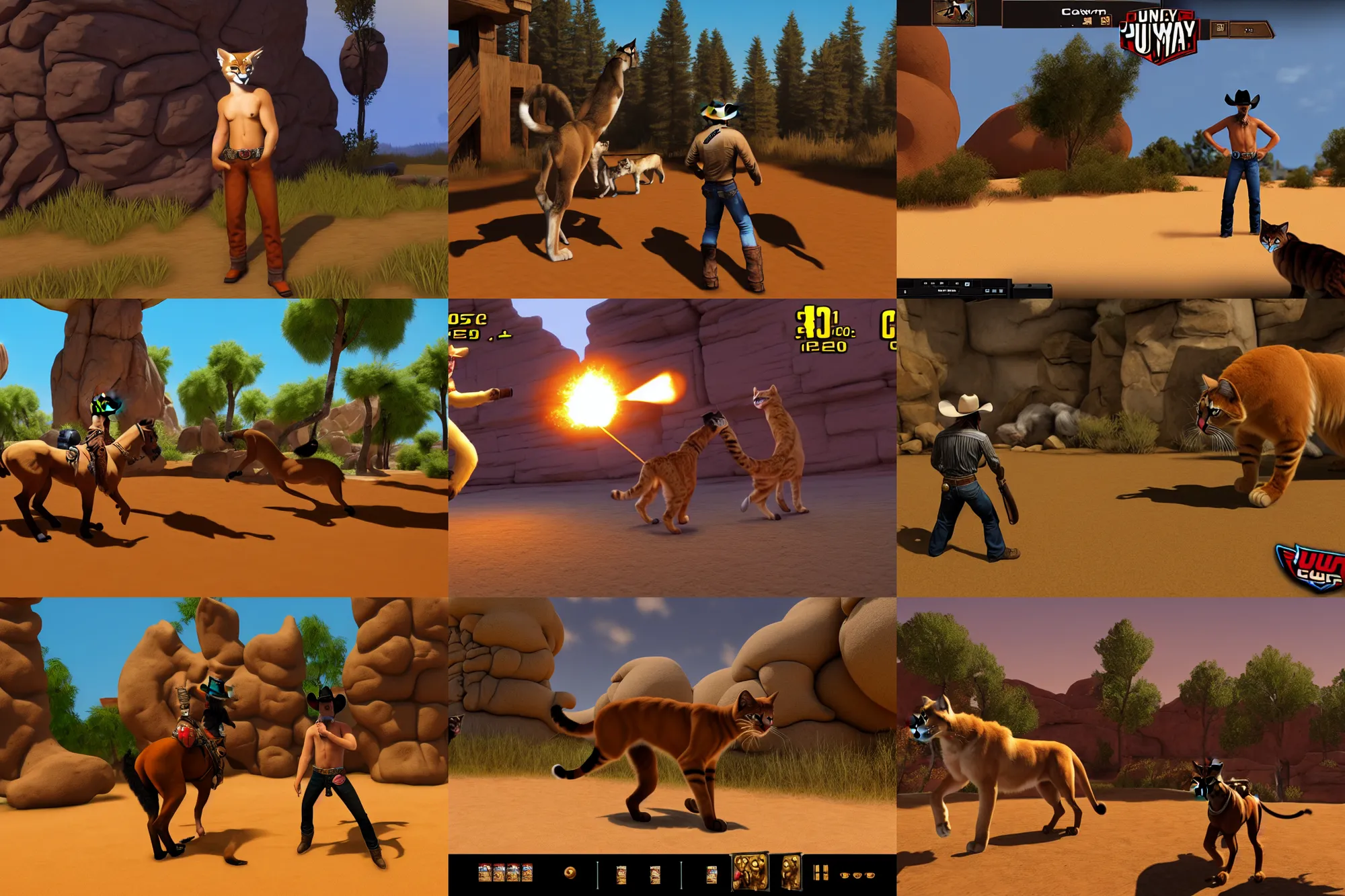 Prompt: furry - puma - cowboy uhd ue 5 pc game screenshot : meowdy