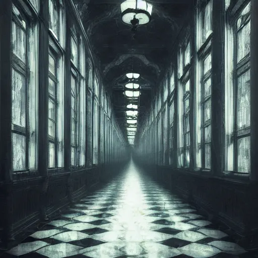 Image similar to a long hallway of mirrors. victorian interior, with many mirrors, elegant design, haunting atmosphere, dark lighting, gothic, horror style, scary, swirling fog, volumetric lighting, by greg rutkowski, realistic, dutch angle,