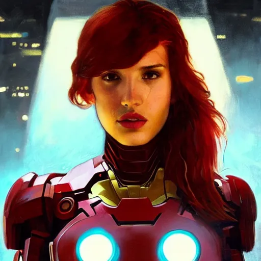 Image similar to full figure bella thorne as ironman, hyperrealistic portrait, bladerunner street, art of elysium by frank frazetta and jeremy mann and alphonse mucha, fantasy art, photo realistic, dynamic lighting, artstation, poster, volumetric lighting, very detailed face, 4 k, award winning