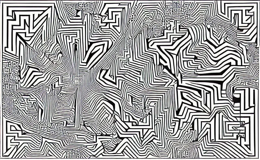 Prompt: chunky bold maze linework highly detailed optical illusion escher