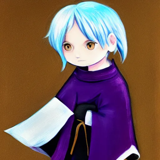 Prompt: little boy wearing nun outfit, white hair, light blue eyes. purple and black color palate, detailed soft painting, made in abyss art style, anatomically correct