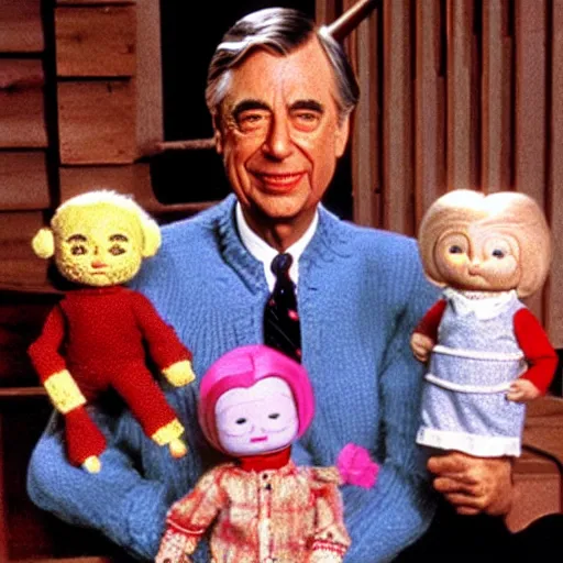 Prompt: Mr. Rogers surrounded by evil killer dolls