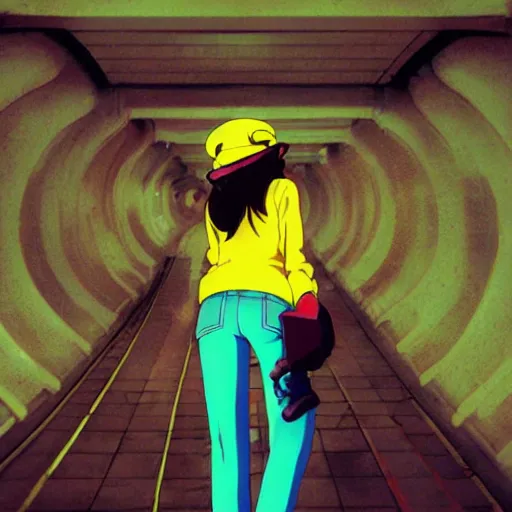 Image similar to anime girl with very large beret, cel - shading, 2 0 0 1 anime, flcl, jet set radio future, golden hour, underground facility, underground tunnel, pipes, rollerbladers, rollerskaters, cel - shaded, jsrf, strong shadows, vivid hues, y 2 k aesthetic