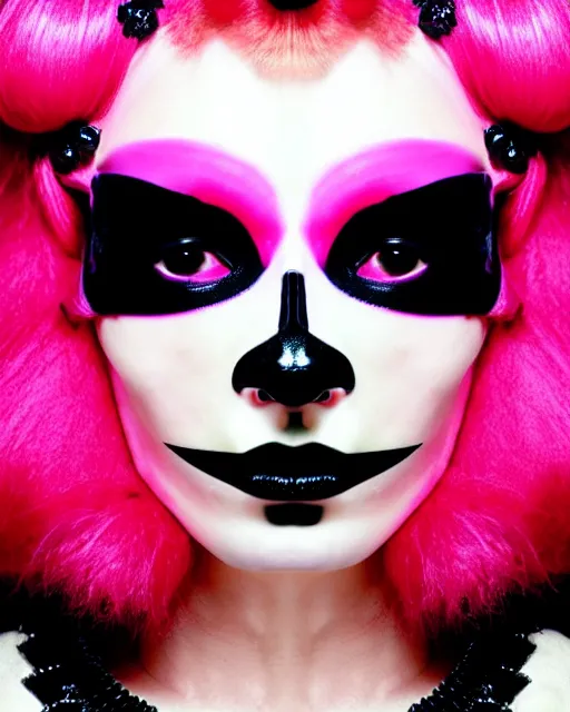 Image similar to symmetrical portrait of a woman face with pink frizzy hair, wearing a embroidered black mask by alexander mcqueen, bjork aesthetic, masterpiece, in the style of miles aldridge, cyberpunk