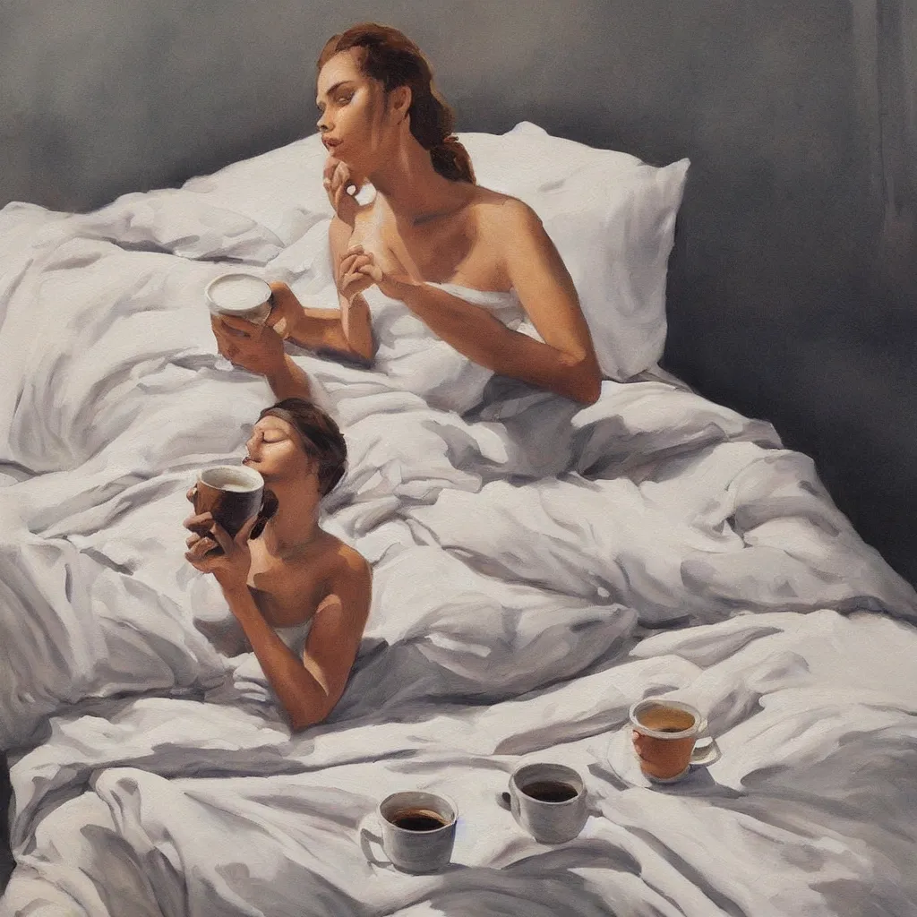 Prompt: a beautiful painting of a beautiful far woman drinking coffee in a bed with white sheets drinking coffee