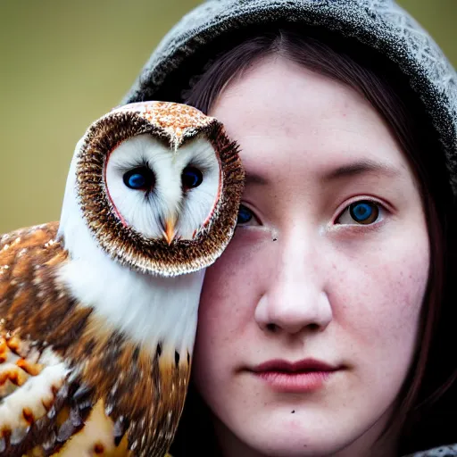 Image similar to symmetry!! portrait photograph shot on petzval lens of an extremely beautiful!!!! young blonde female with symmetric face. with a very detailed barn owl!!!!! on her shoulder. wearing mongolian traditional outfit in iceland. shallow depth of field. featured on flickr, art photography,