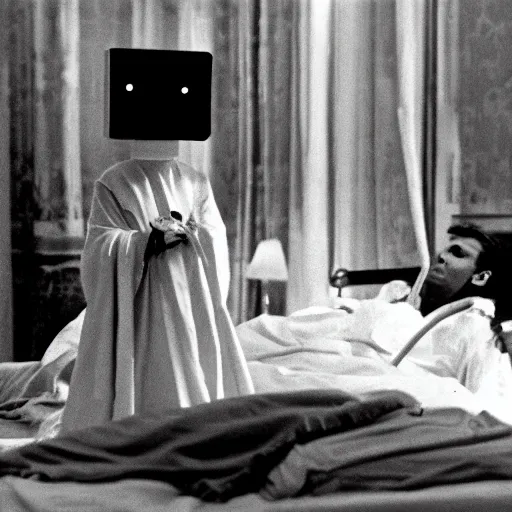 Image similar to A dying person on a bed along with a robot priest finally accepts to see the movie Last year on Marienbad on the TV.