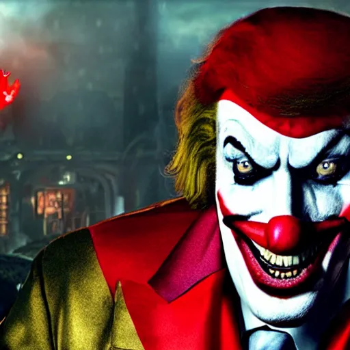 Image similar to donald trump as a joker - clown! in gears of war, splash art, movie still, cinematic lighting, ray tracing, detailed joker - clown face!, octane render, long lens, shallow depth of field, bokeh, anamorphic lens flare, 8 k, hyper detailed, 3 5 mm film grain