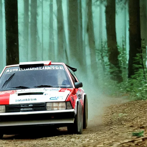 Image similar to 1990 rally racing through a forest, photorealistic, detailed, uhd,