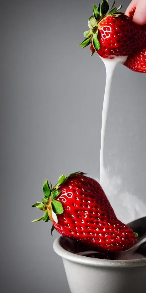 Image similar to a close up photo of milk pouring over a strawberry, macro, highly detailed, blurred background, studio lighting,