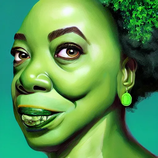 Image similar to a dish of oprah winfreys face fused with okra veg with green stalky ( ( green oprah winfrey's face ) ), okra shaped stalk nose, oprah okra winfrey sentient veg, by greg rutkowski