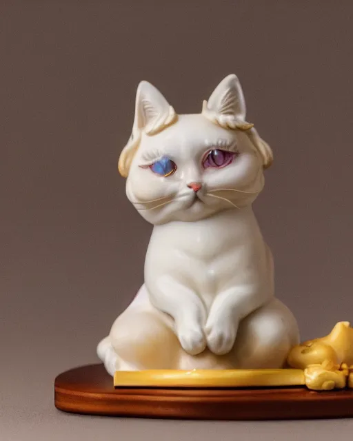 Image similar to high quality presentation photo of a a detailed porcelain figurine of a cute cat dressed as Napoleon holding a piece of chesse, photography 4k, f1.8 anamorphic, bokeh, 4k, Canon, Nikon