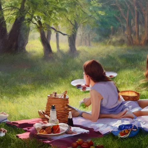 Image similar to a picnic, oil painting, high detail, 8 k, wide angle, trending on artstation,